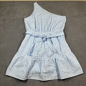 Chloe + Rene Dress 1X Blue Gingham Seersucker‎ One-Shoulder Belted Fit & Flare